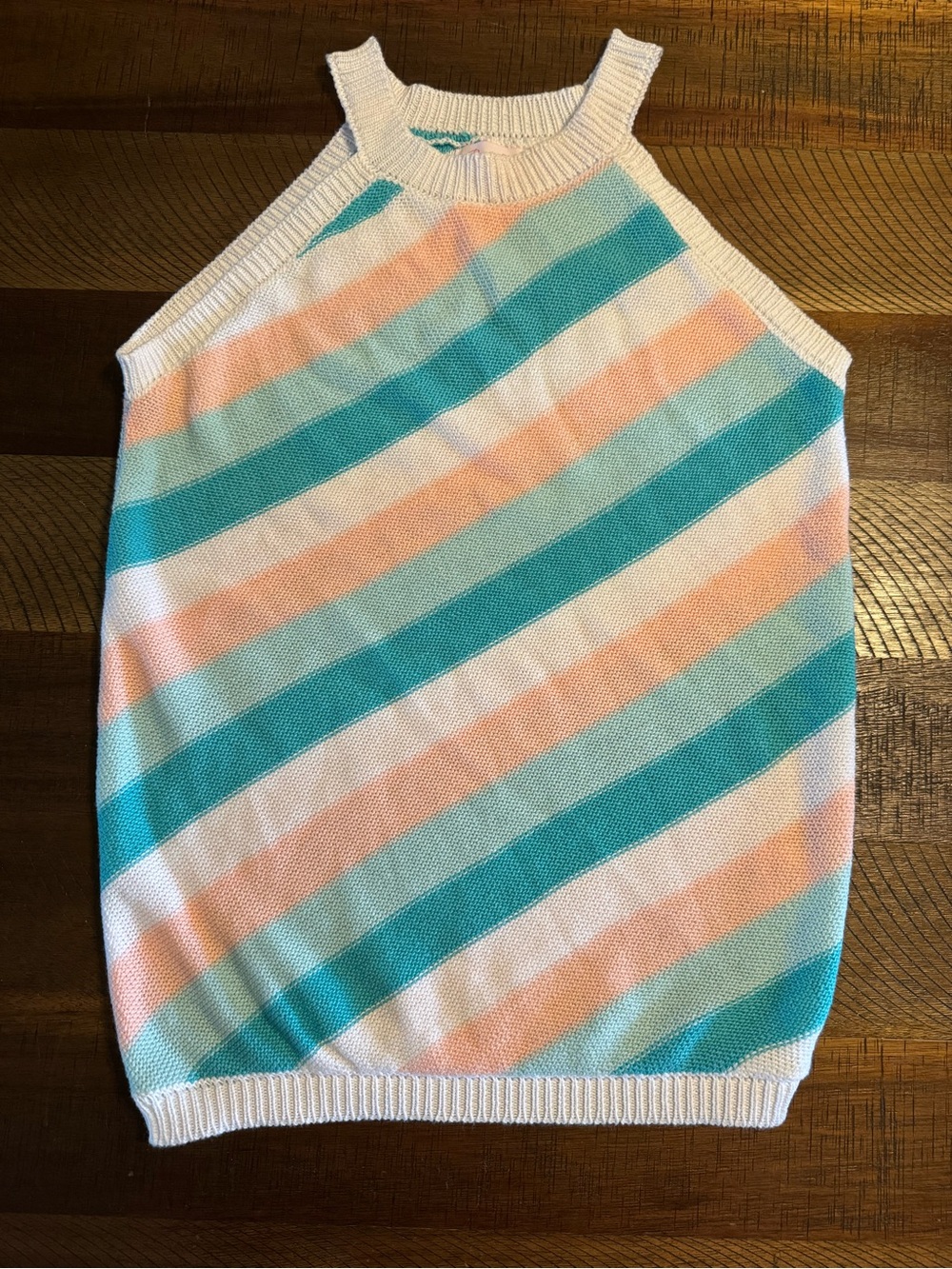 Pink Lily Diagonal Stripe Halter Tank - White, Teal & Peach